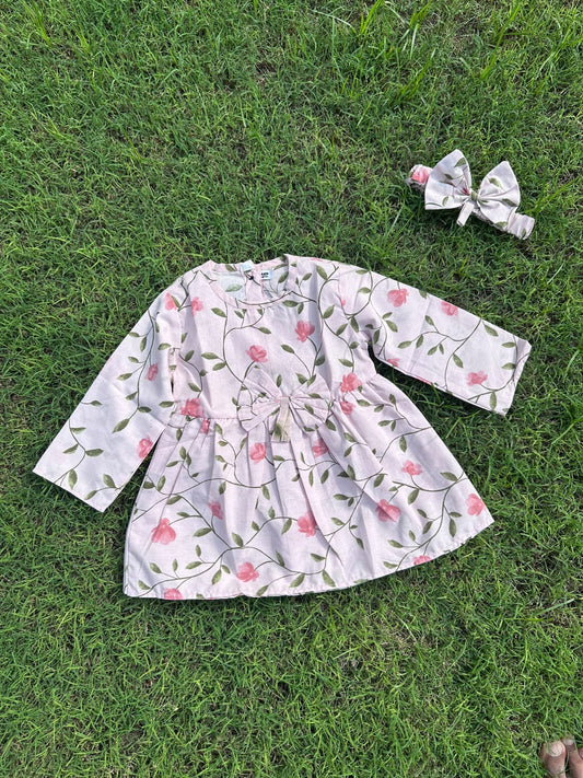 Winter Cotton Frock with Band Pink floral
