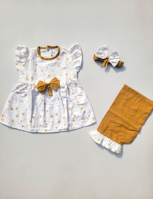 2PC Summer Soft Cotton Frock with Shorts & Band  - white Star