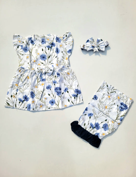2PC Summer Soft Cotton Frock with Shorts & Band  - blue floral