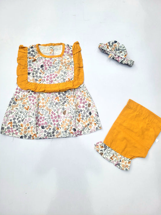 2PC Summer Soft Cotton Frock with Shorts & Band  - Yellow Frill