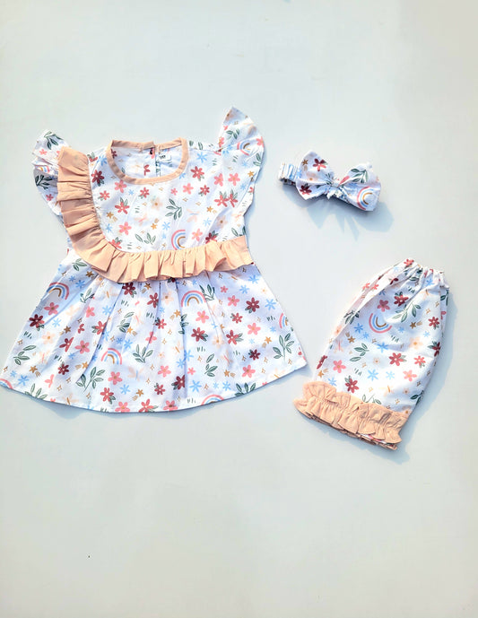 2PC Summer Soft Cotton Frock with Shorts & Band  - white Booti