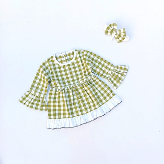 Winter Cotton Frock with Band Green check