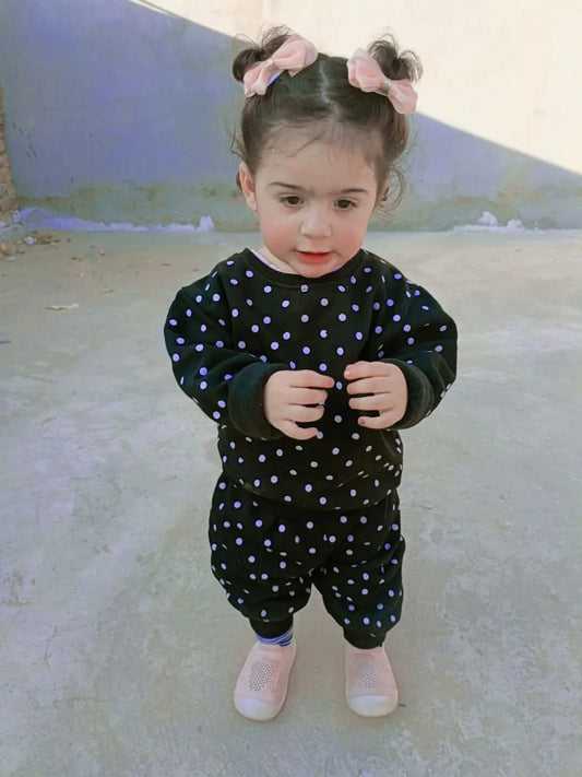 Winter Stuff Fleec Track Suit for Boys & Girls Black Polka Dott
