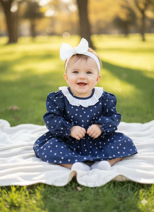 Winter Cotton Frock with Band blue star