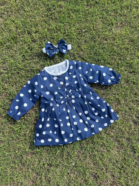 Winter Cotton Frock with Band blue Polka dots