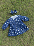 Winter Cotton Frock with Band blue Polka dots
