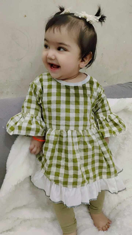 Winter Cotton Frock with Band Green check