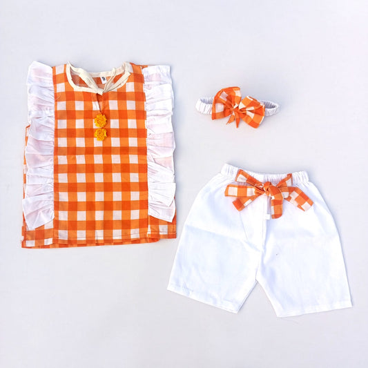 2PC Summer Cotton Frock with Trouser  orange check Print