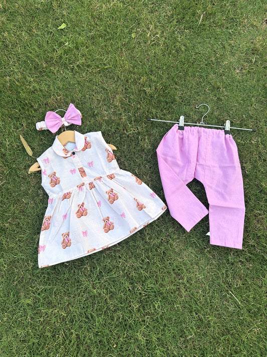 2PC Summer Soft Cotton Frock with Trouser -Teddy bear