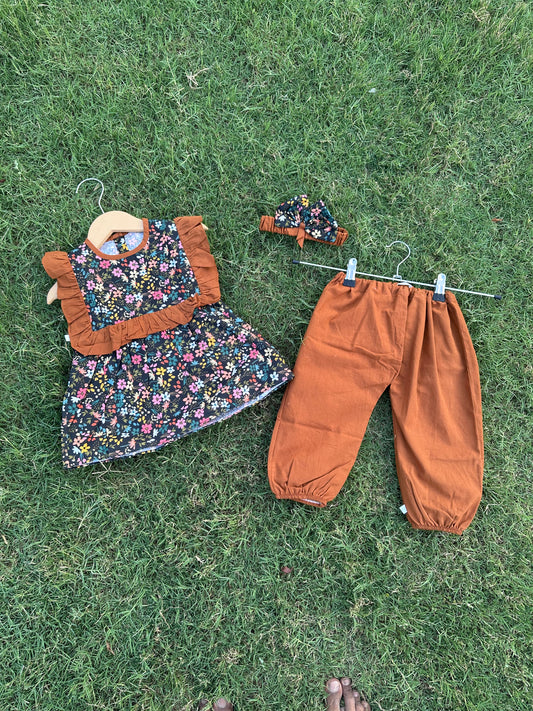 2PC Summer Soft Cotton Frock with Trouser-Brown frill