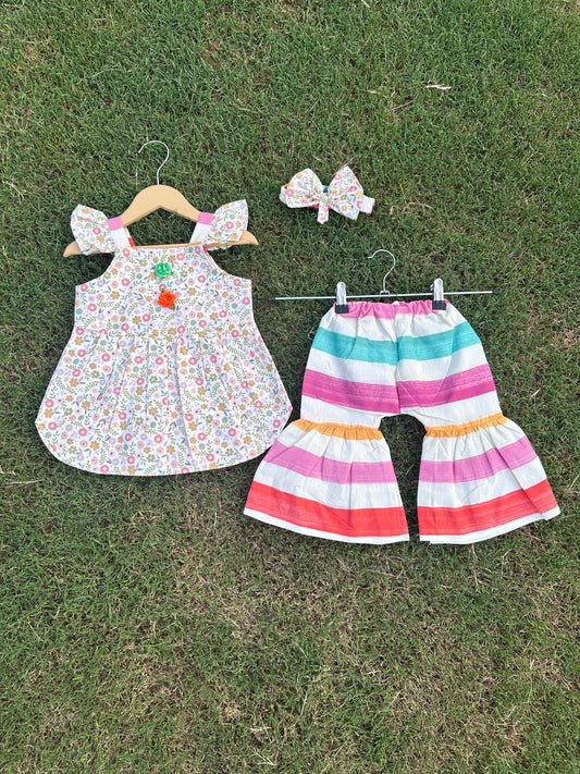 2PC Summer Soft Cotton Frock with Trouser - Rainbow