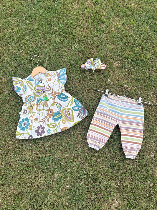 2PC Summer Soft Cotton Frock with Trouser-Green leaves