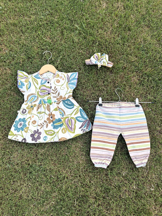 2PC Summer Soft Cotton Frock with Trouser-Green leaves