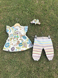 2PC Summer Soft Cotton Frock with Trouser-Green leaves
