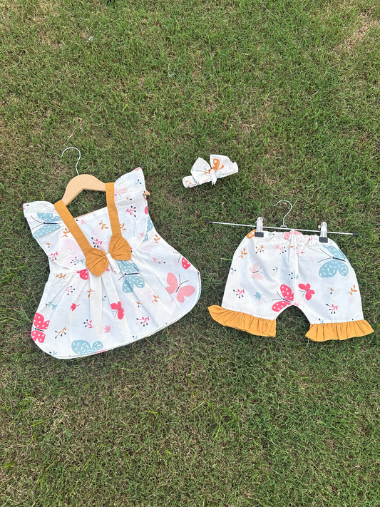 2PC Summer Soft Cotton Frock with Short - butterfly print