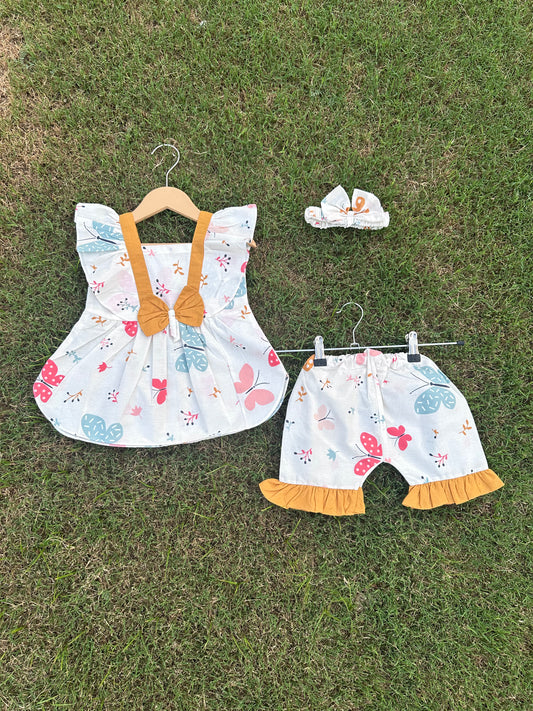 2PC Summer Soft Cotton Frock with Short - butterfly print