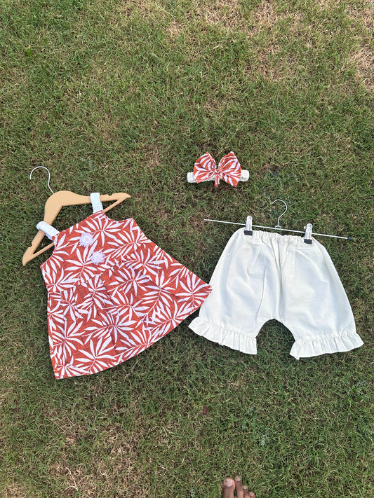 2PC Summer Soft Cotton Frock with Short - white leaves