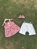 2PC Summer Soft Cotton Frock with Short - white leaves