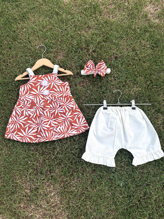 2PC Summer Soft Cotton Frock with Short - white leaves