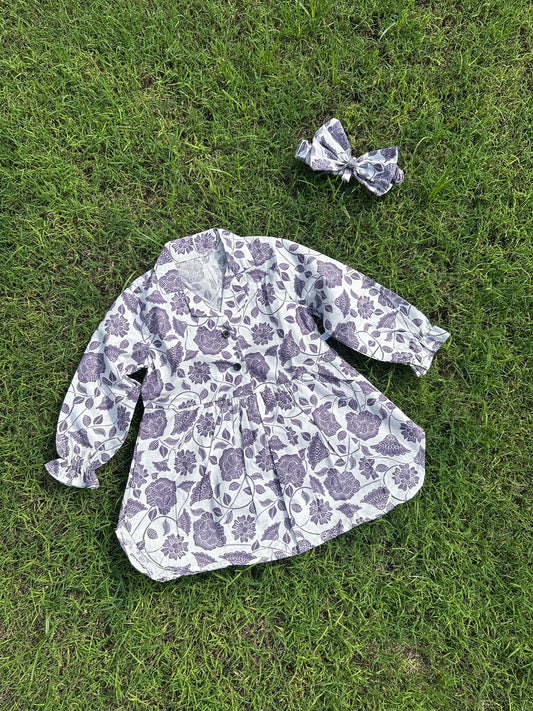 Winter Cotton Frock with Band purple floral