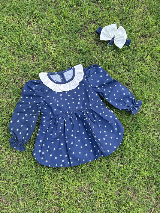 Winter Cotton Frock with Band blue star