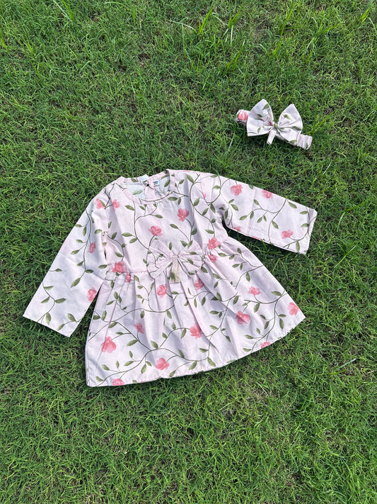 Winter Cotton Frock with Band Pink floral