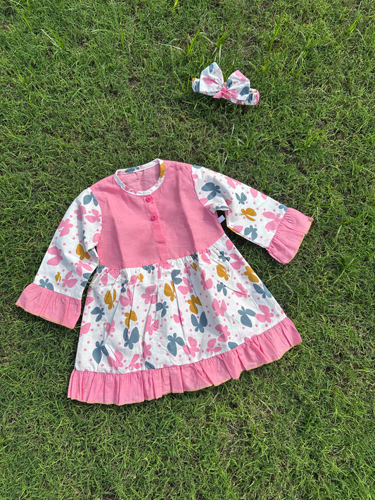 Winter Cotton Frock with Band Pink Flowers