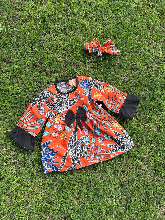 Winter Cotton Frock with Band Orange floral