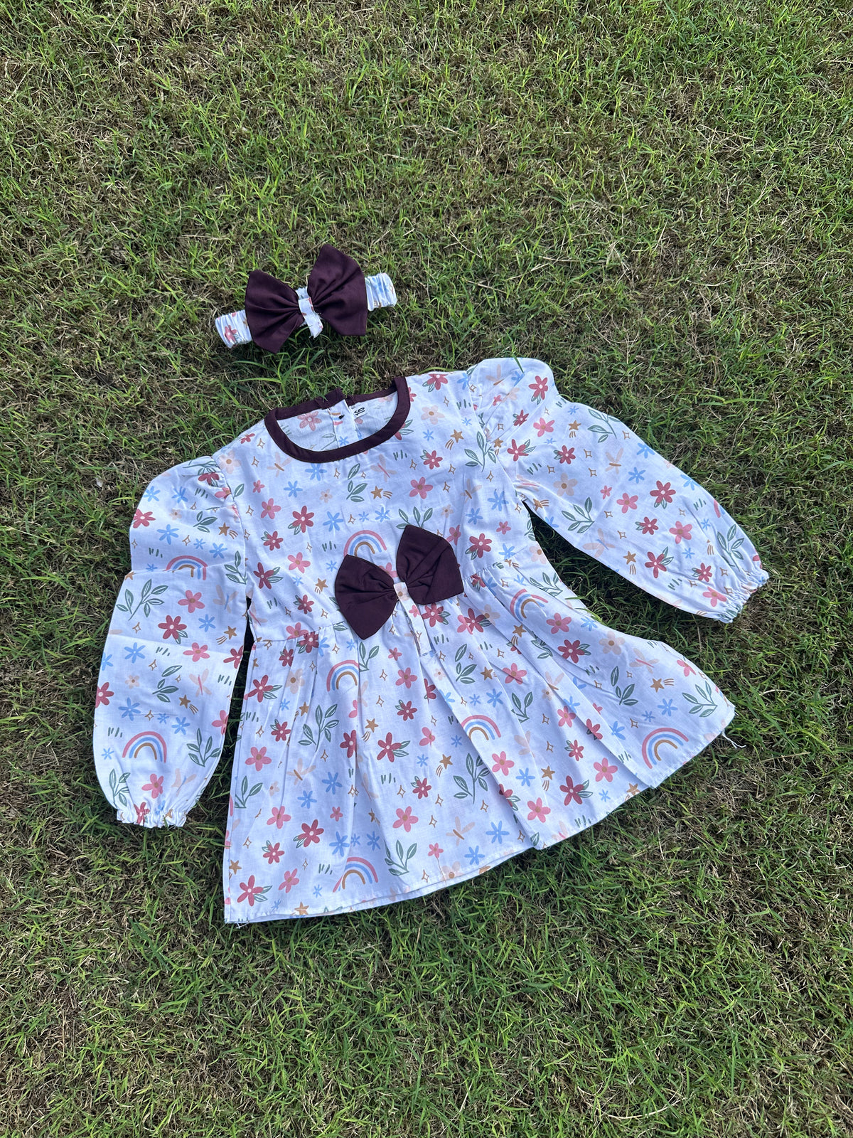 Winter Cotton Frock with Band maroon floral