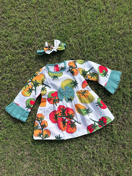 Winter Cotton Frock with Band Fruits print