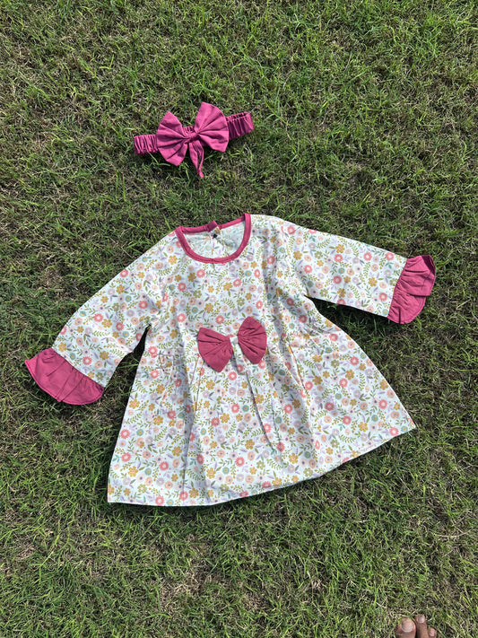 Winter Cotton Frock with Band Multicolor Flowers