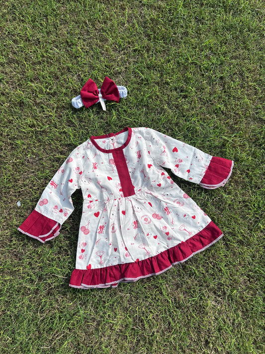 Winter Cotton Frock with Band red floral