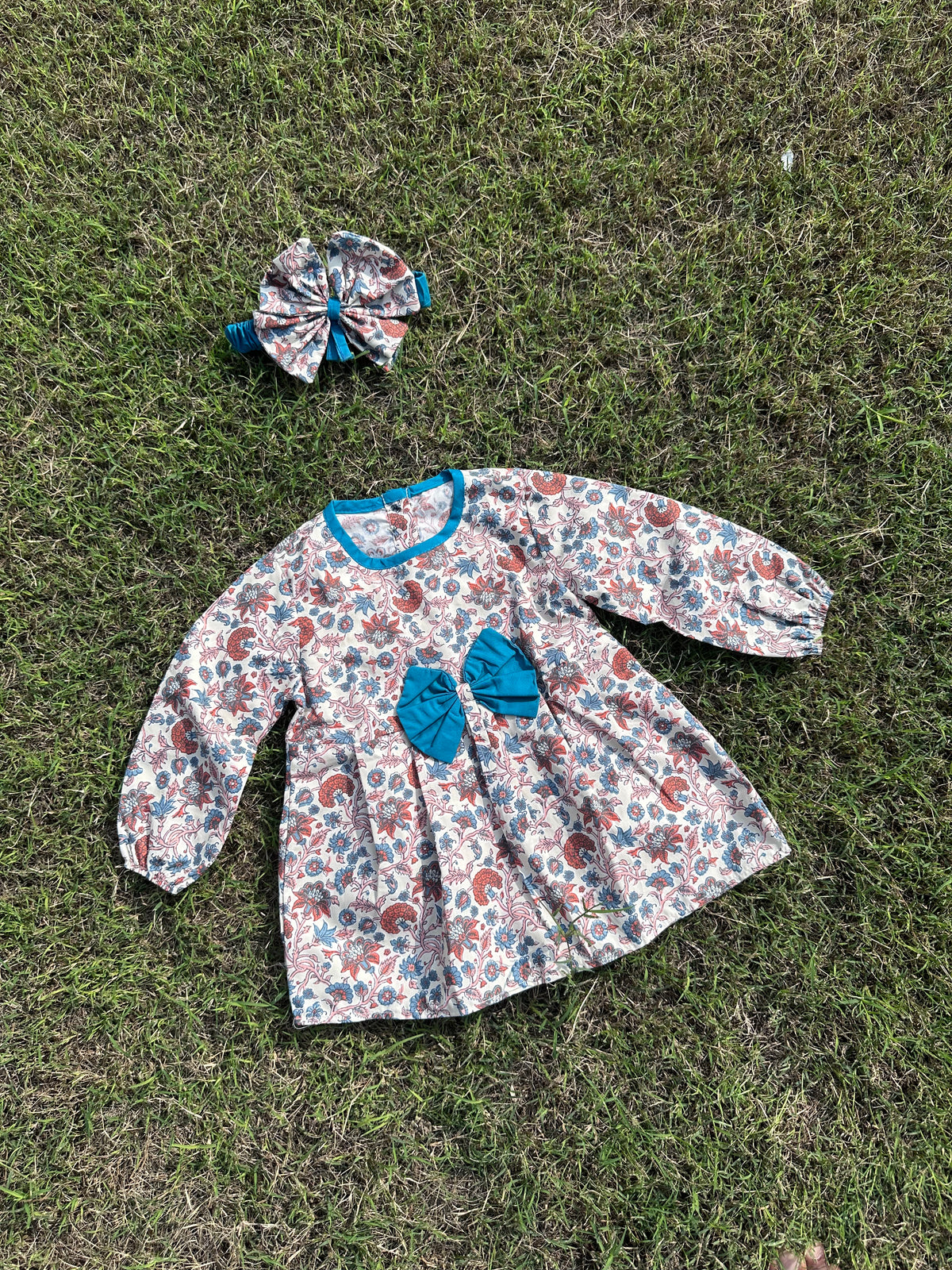 Winter Cotton Frock with Band Blue flower Boti