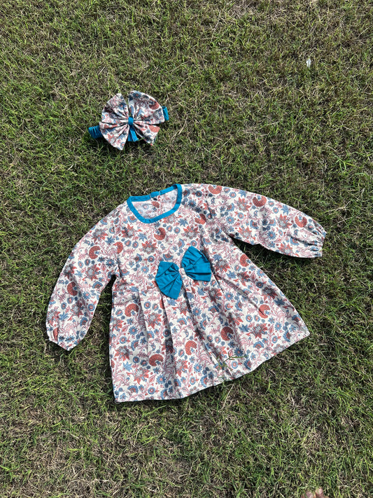 Winter Cotton Frock with Band Blue flower Boti
