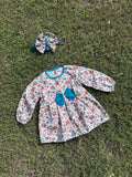 Winter Cotton Frock with Band Blue flower Boti