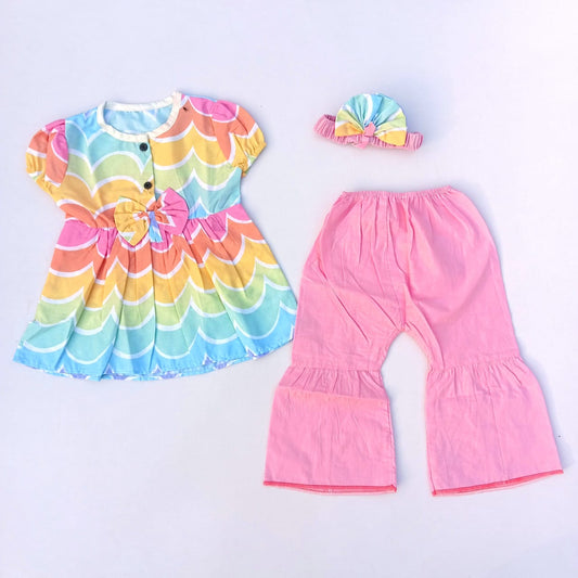 2PC Summer Cotton Frock with Trouser  rainbow colors