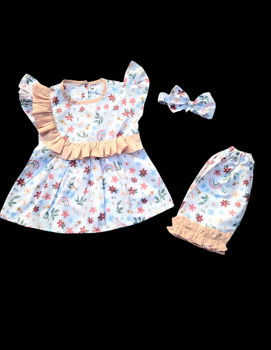 2PC Summer Soft Cotton Frock with Shorts & Band  - white Booti