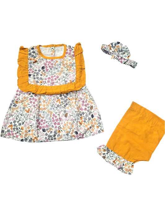 2PC Summer Soft Cotton Frock with Shorts & Band  - Yellow Frill