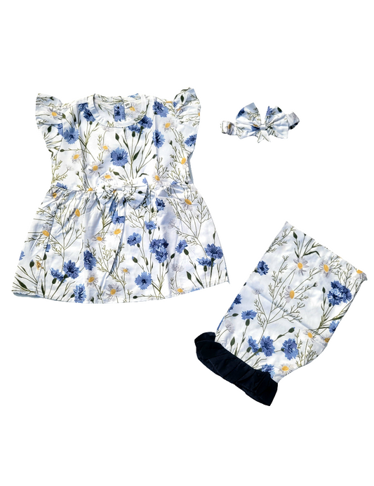 2PC Summer Soft Cotton Frock with Shorts & Band  - blue floral