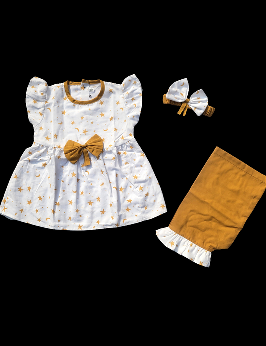 2PC Summer Soft Cotton Frock with Shorts & Band  - white Star