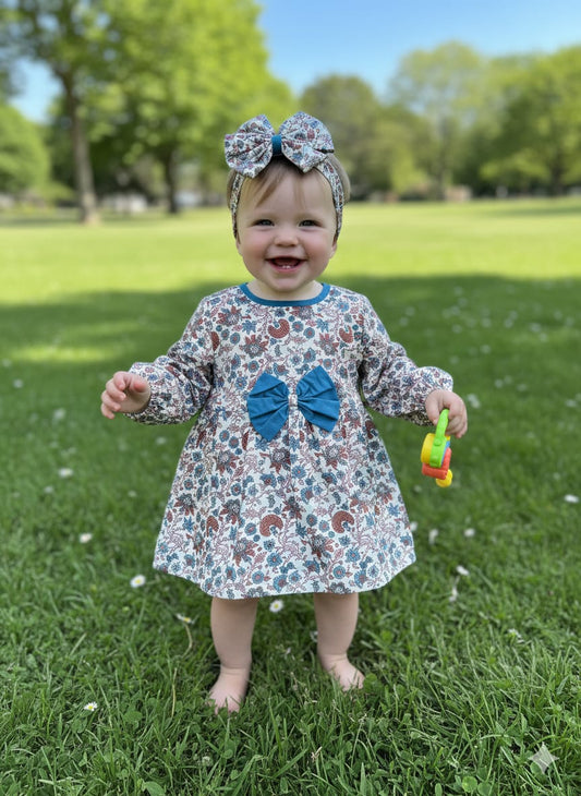 Winter Cotton Frock with Band Blue flower Boti