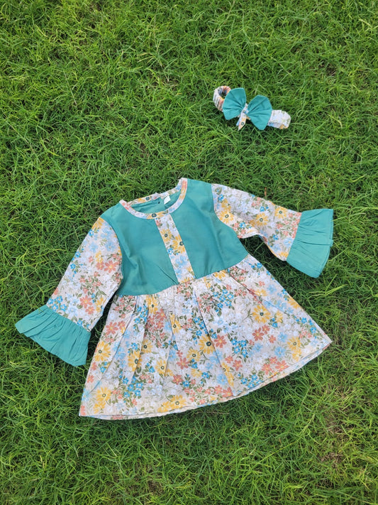 Winter Cotton Frock with Band Blue Bazo Frill
