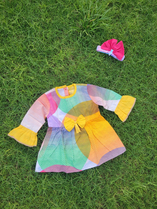 Winter Cotton Frock with Band Yellow Bazo Frill