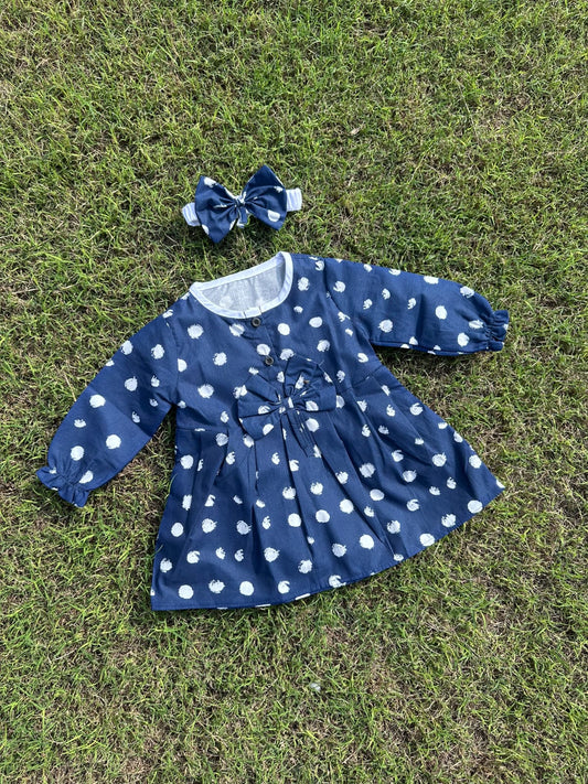 Winter Cotton Frock with Band blue Polka dots