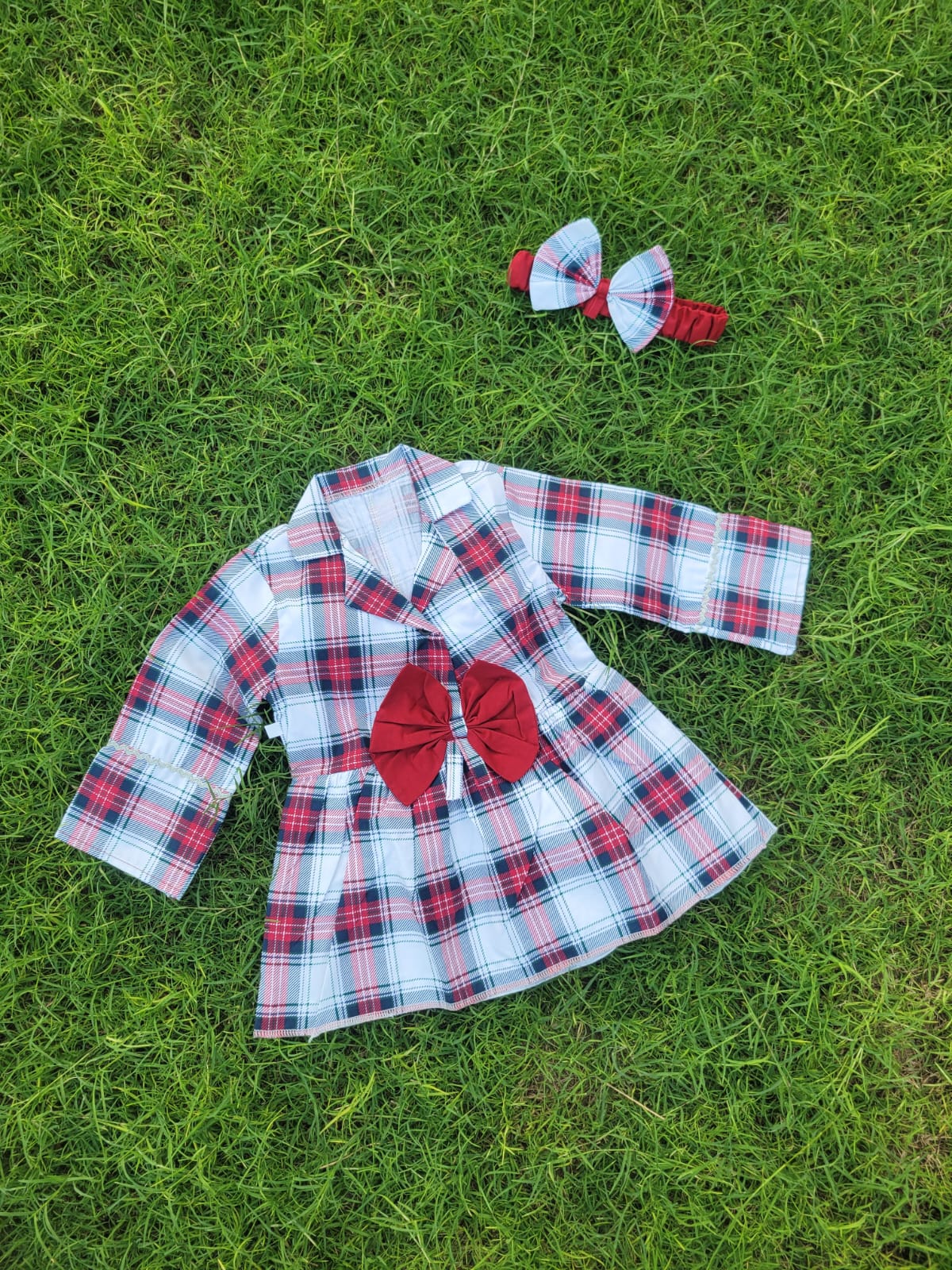 Winter Cotton Frock with Band red check collar style