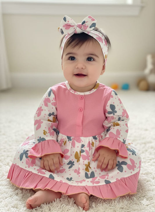 Winter Cotton Frock with Band Pink Flowers